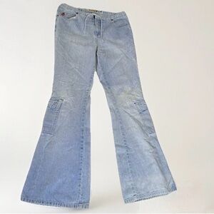 VTG y2k mudd flare Cargo jeans Women 29” Waist light wash retro Trashed Low Rise